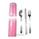 粉紅塑料餐具筒+19公分筷+叉子+湯匙